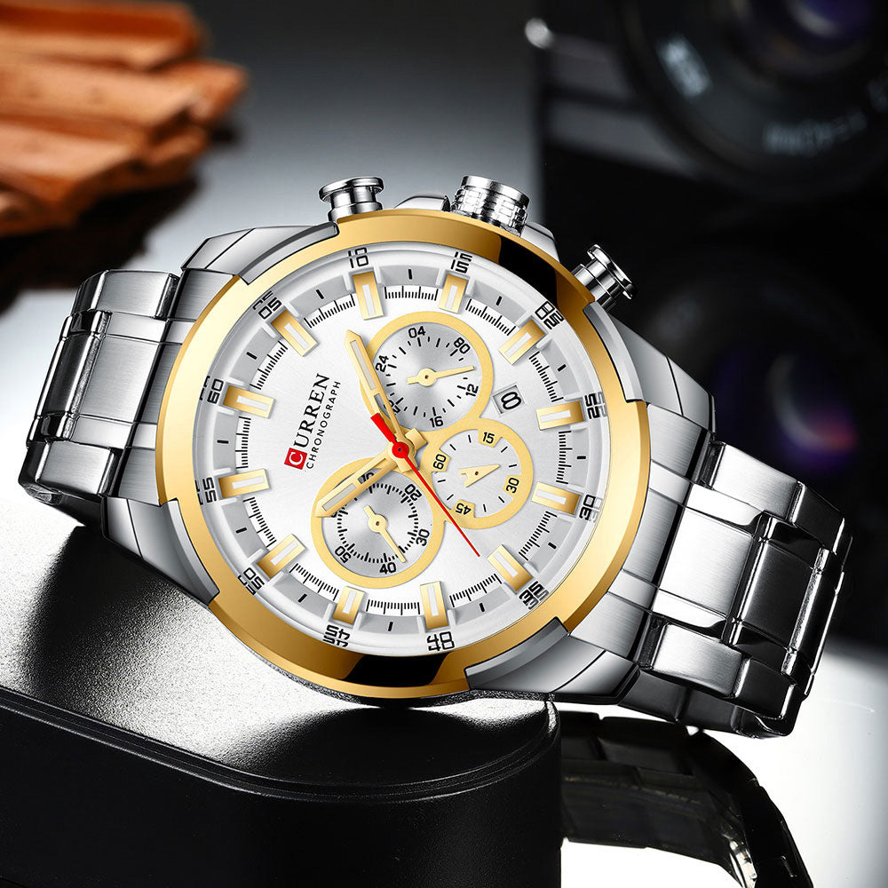 8361 | RELOJ CRONÓGRAFO CURREN ORIGINAL ACERO DORADO/PLATEADO/NEGRO CASUAL