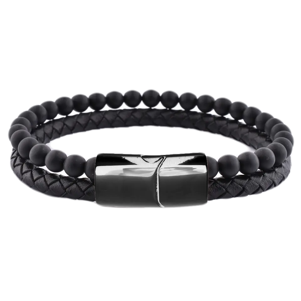 Pulsera Hombre Cuero Trenzado Negro con Broche Dorado