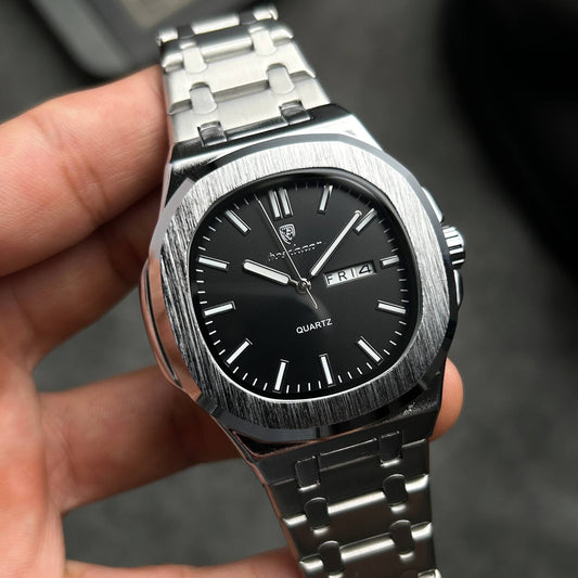 POE-14 CASUAL ELEGANTE ACERO PLATEADO NEGRO ANALOGICO