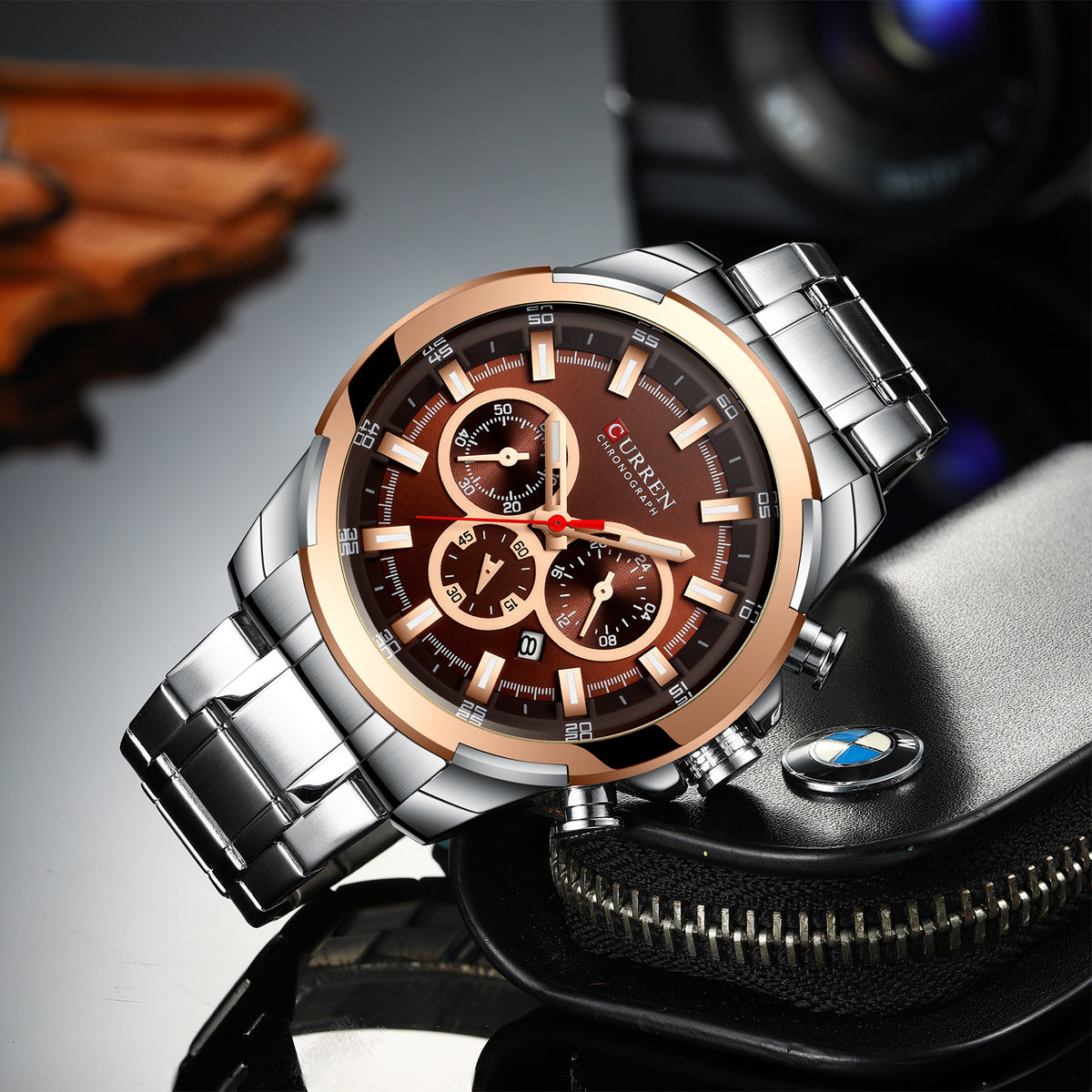 8361 | RELOJ CRONÓGRAFO CURREN ORIGINAL ACERO DORADO/PLATEADO/NEGRO CASUAL