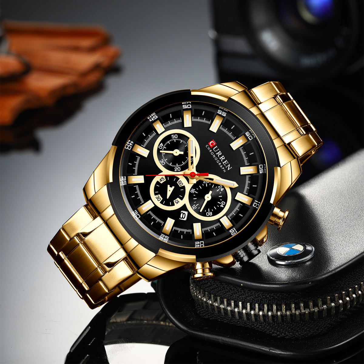 8361 | RELOJ CRONÓGRAFO CURREN ORIGINAL ACERO DORADO/PLATEADO/NEGRO CASUAL