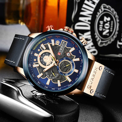 8380 | RELOJ CRONÓGRAFO CURREN ORIGINAL CUERO AZUL/CAFÉ CASUAL