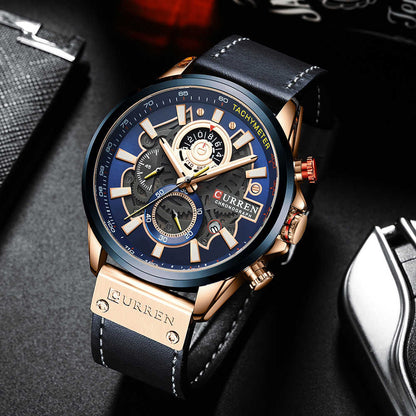 8380 | RELOJ CRONÓGRAFO CURREN ORIGINAL CUERO AZUL/CAFÉ CASUAL