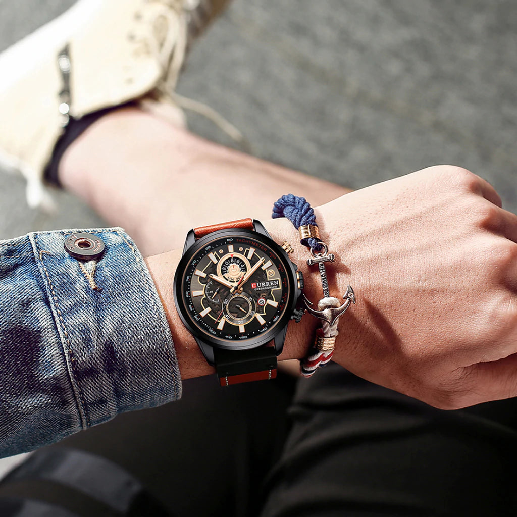 8380 | RELOJ CRONÓGRAFO CURREN ORIGINAL CUERO AZUL/CAFÉ CASUAL