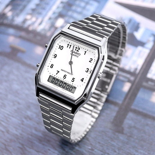 AQ-230 | RELOJ CASIO ORIGINAL DE ACERO PLATEADO DORADO | CAS-108, CAS-24