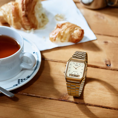 AQ-230 | RELOJ CASIO ORIGINAL DE ACERO DORADO/PLATEADO