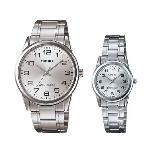 MTP-V001D/LTP-V001D RELOJES CASIO DE ACERO PARA PAREJA DE COLOR PLATEADO | CAS-2, CAS-202