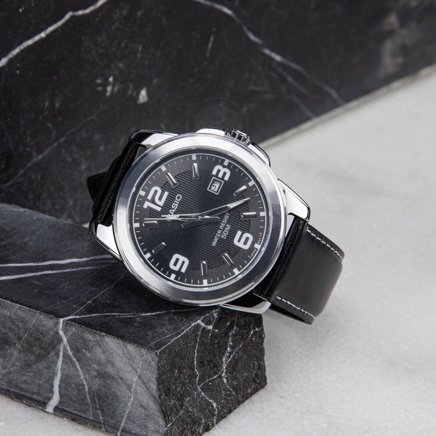 MTP-1314 | RELOJ CASIO ORIGINAL DE ACERO / CUERO NEGRO | CAS-253 , CAS-254