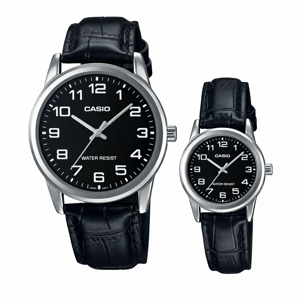 MTP-V001L-1B/LTP-V001L-1B RELOJ CASIO DE CUERO PARA PAREJA DE COLOR NEGRO | CAS-40, CAS-229