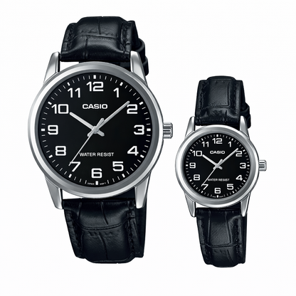 MTP-V001L-1B/LTP-V001L-1B RELOJ CASIO DE CUERO PARA PAREJA DE COLOR NEGRO | CAS-40, CAS-229