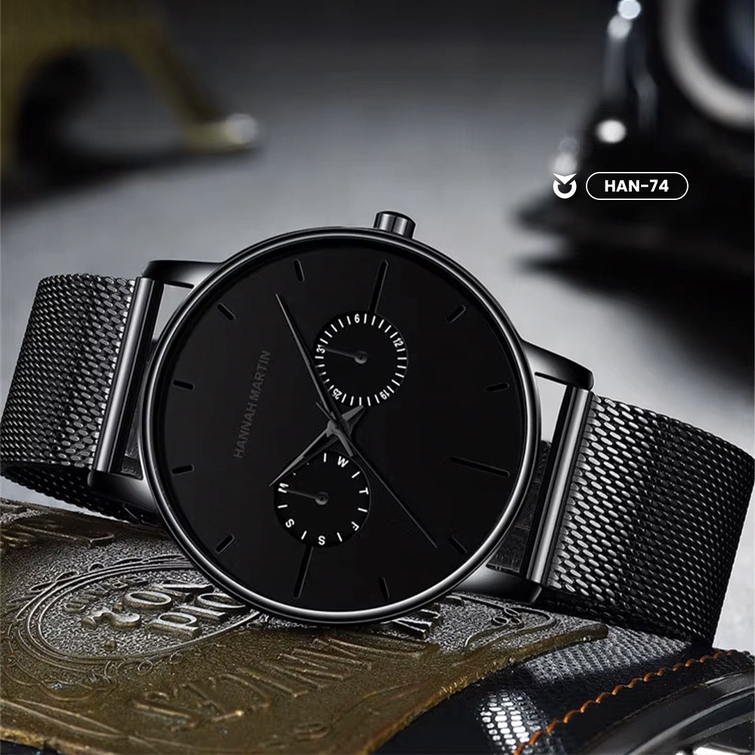 RELOJES HANNAH_MARTIN CUERO ACERO NEGRO ANALOGICO HAN-74 HAN-76