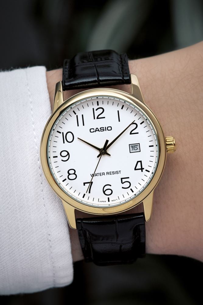 MTP-V002 | RELOJ CASIO ORIGINAL DE CUERO DORADO/PLATEADO
