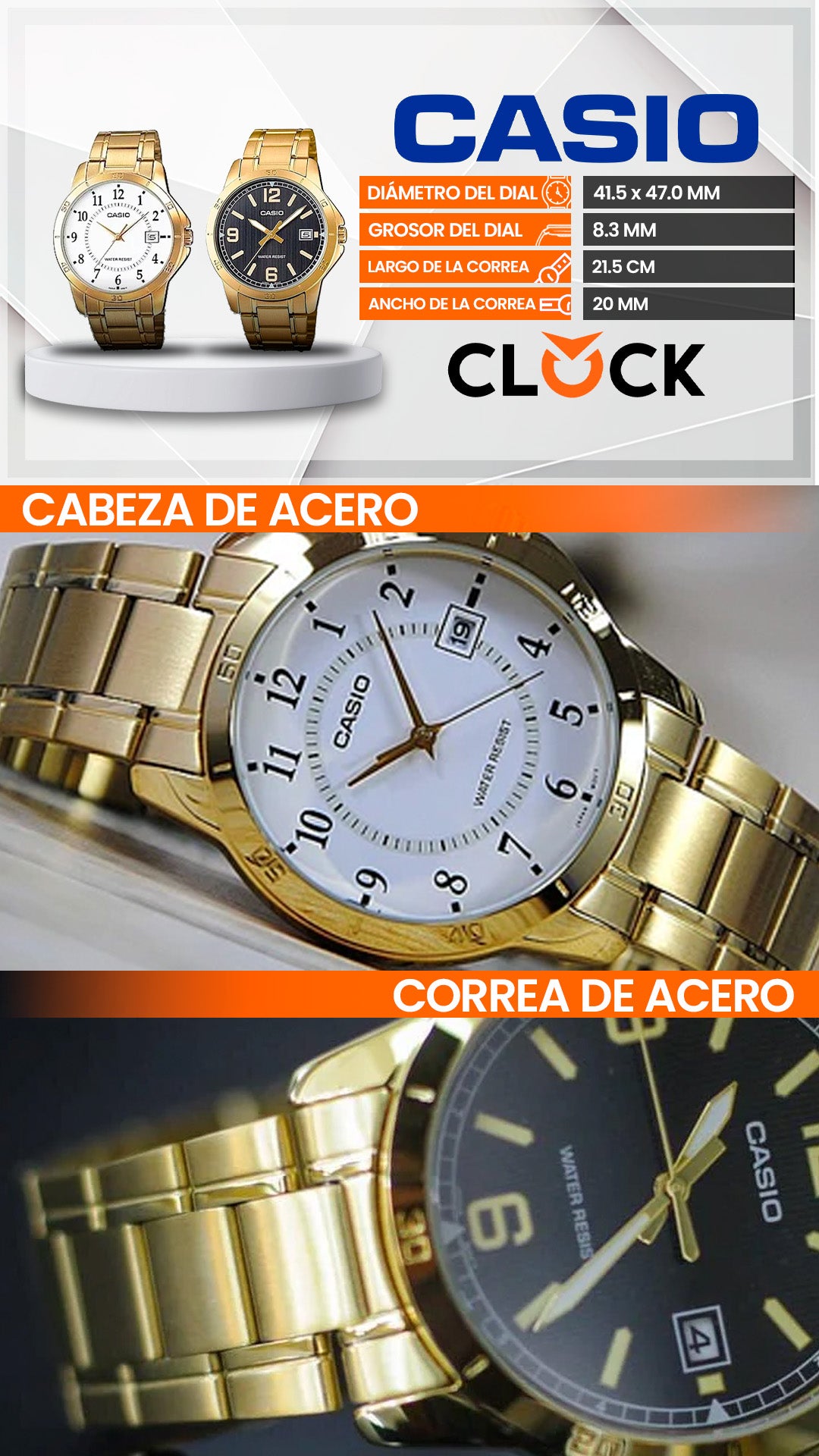 MTP-V004G | RELOJ PARA HOMBRE CASIO - DORADO NEGRO Y BLANCO