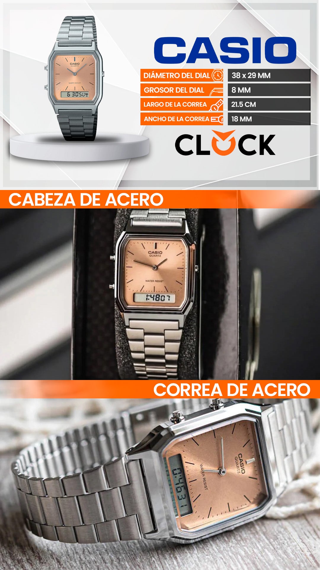 AQ-230A | RELOJ CASIO ORIGINAL DE ACERO DORADO/PLATEADO