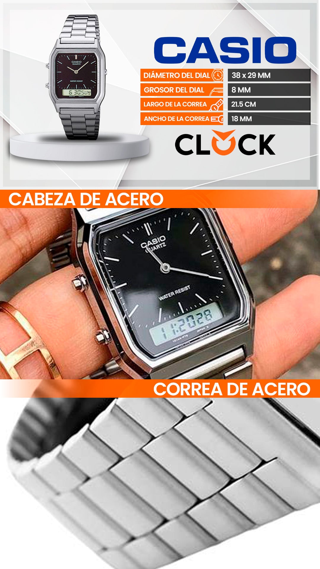 AQ-230 | RELOJ CASIO ORIGINAL DE ACERO DORADO/PLATEADO