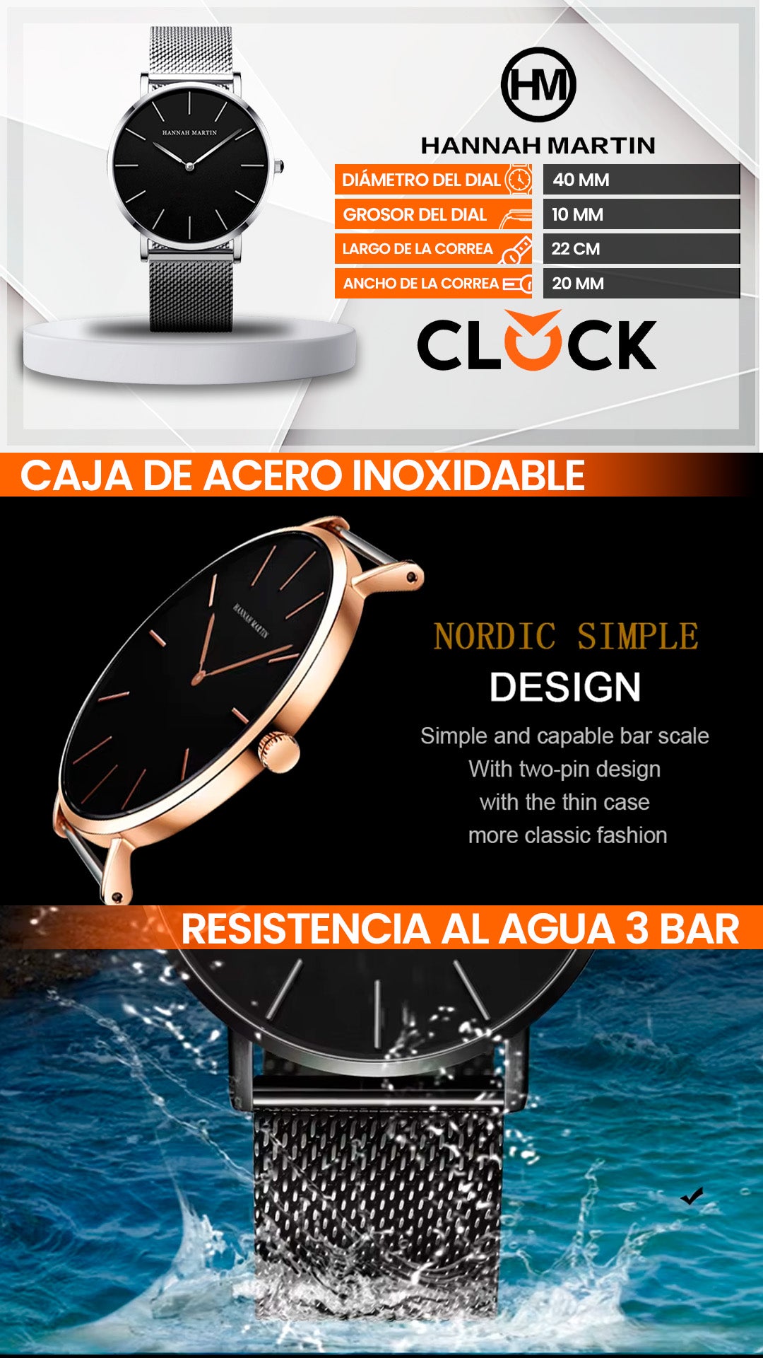 RELOJ HANNAH MARTIN ORIGINAL ELEGANTE NEGRO Y PLATEADO HM-CH02 | HAN-43 - HAN-44