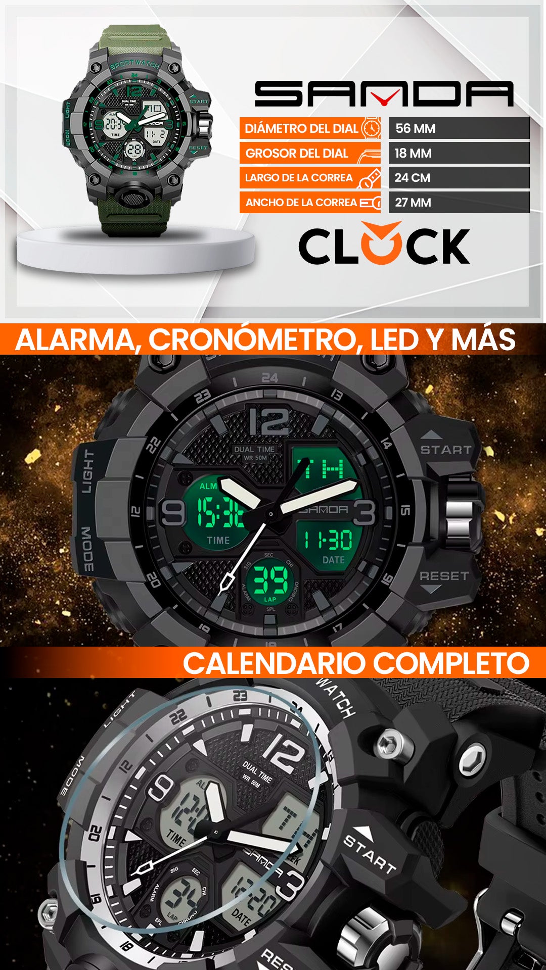 RELOJ SANDA ORIGINAL DEPORTIVO  NEGRO - VERDE | SAN-23, SAN-24, SAN-27