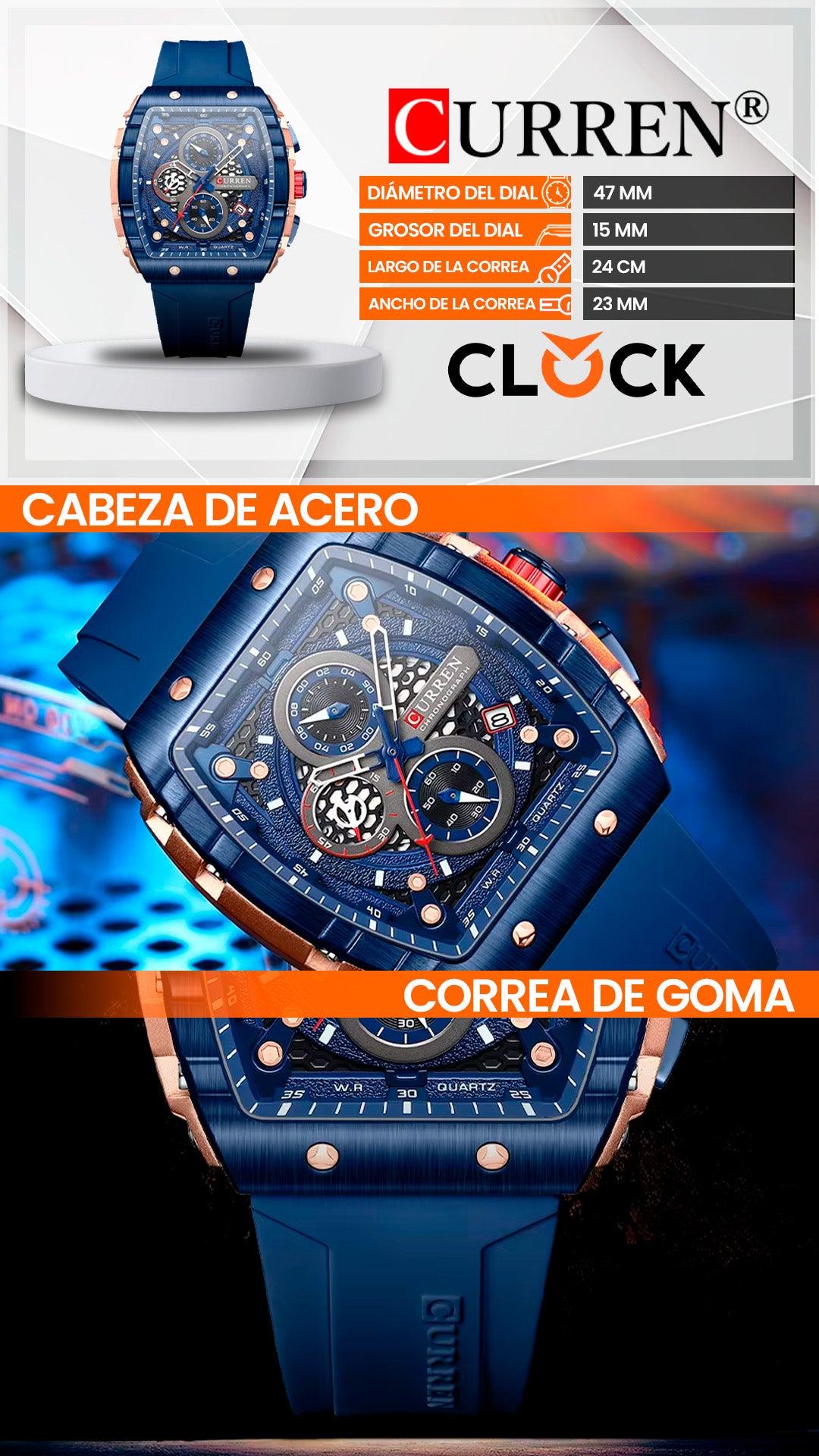 RELOJ CURREN ORIGINAL CASUAL NEGRO Y AZUL | CUR-124, CUR-125
