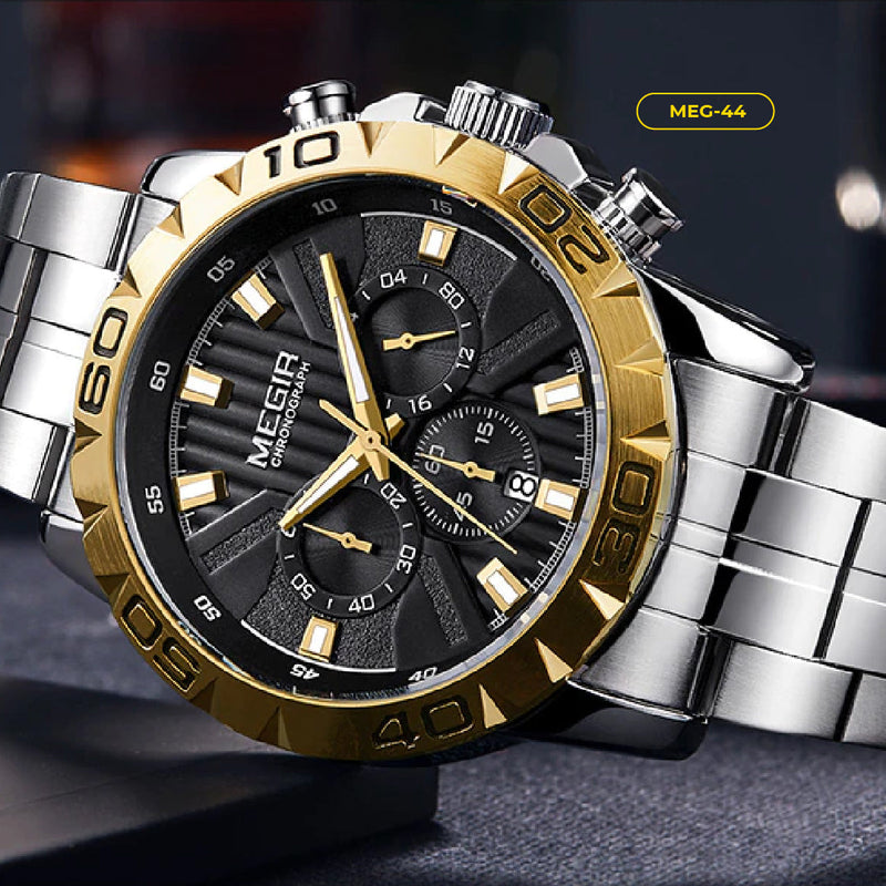 Reloj Megir Casual Elegante Acero Casual Plateado Dorado MEG-44 2064-PG para Hombre