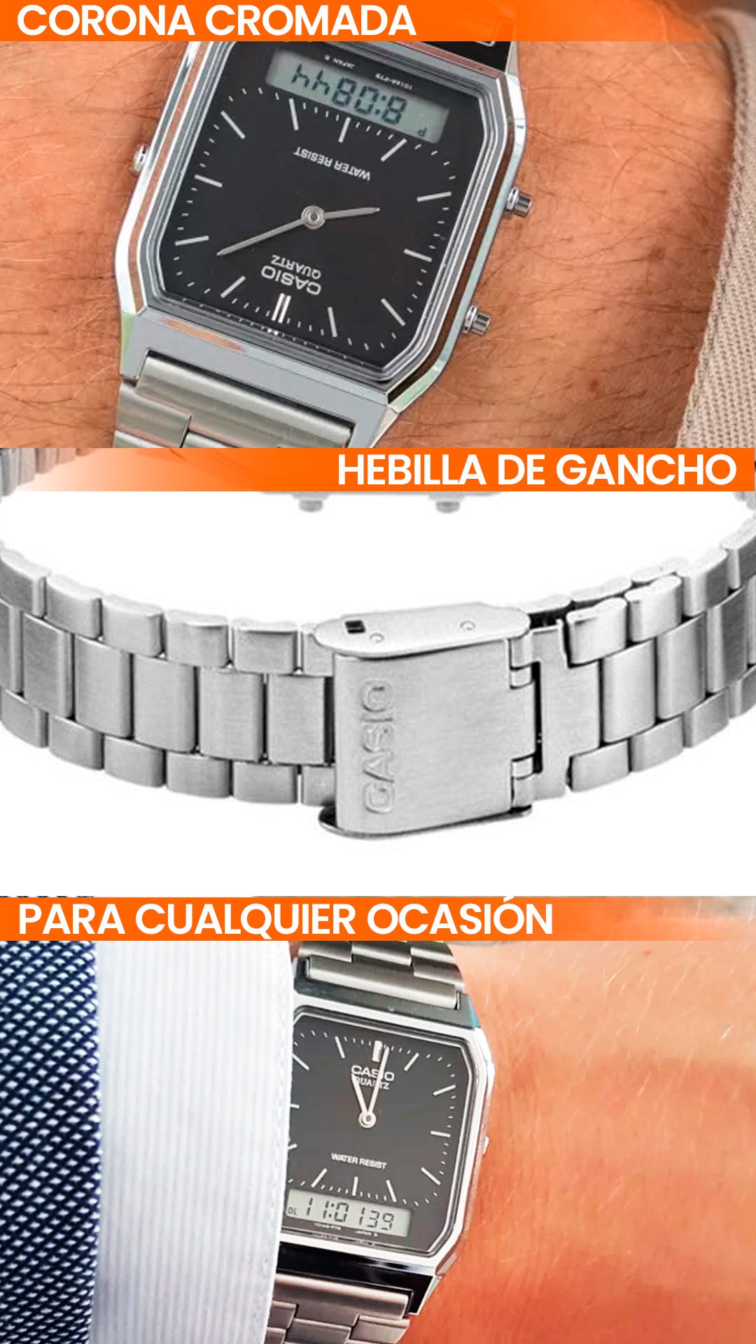 AQ-230 | RELOJ CASIO ORIGINAL DE ACERO DORADO/PLATEADO