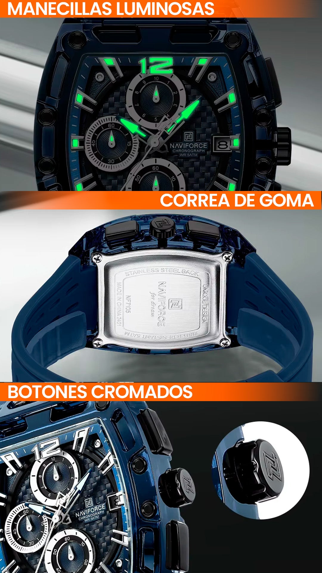 RELOJ NAVIFORCE NF7105 ORIGINAL DEPORTIVO NEGRO Y PLOMO | NAV-102, NAV-103