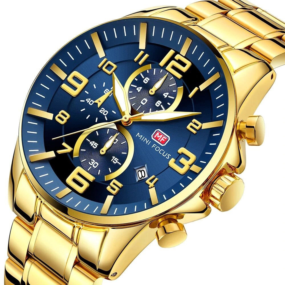 RELOJ MINIFOCUS DORADO CON AZUL - 0278 ELEGANTE PARA HOMBRE - COLOMBIA