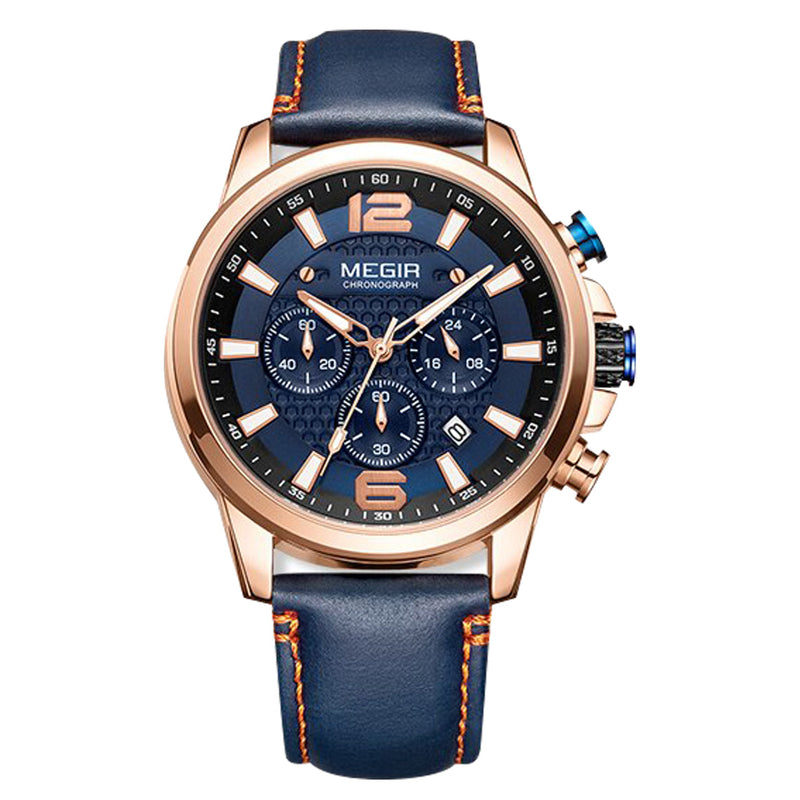 Reloj Megir Cuero Casual Elegante Azul Dorado MEG-46 2156-BG para Hombre